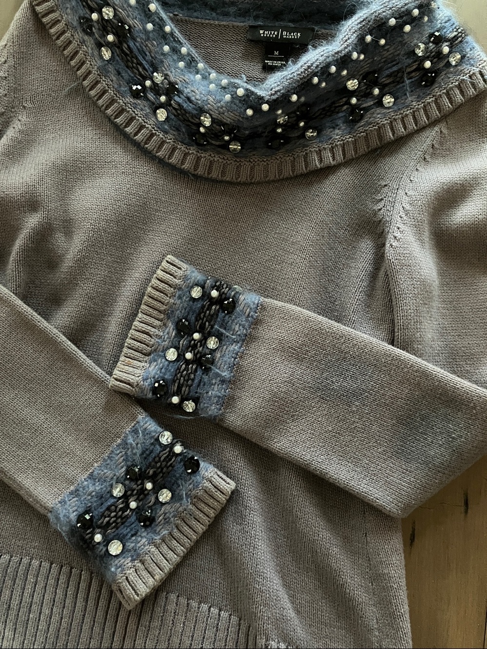 White House Black Market Gray Blue Beaded Cowl Neck Sweater Rare
